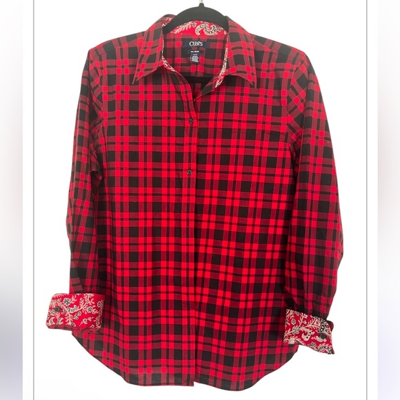 Chaps No Iron Long Sleeve Plaid Button Down Shirt Paisley, Women’s Sz L, NWOT - Picture 1 of 8